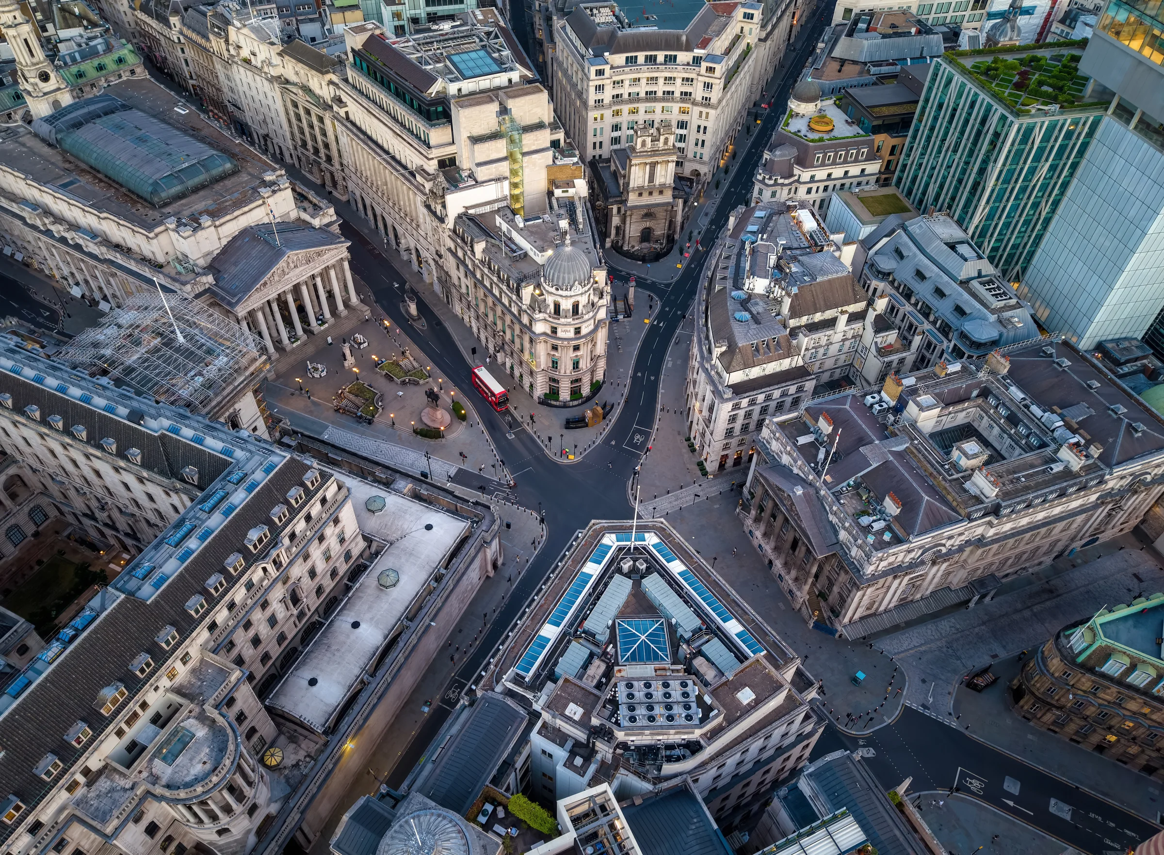 Aerial view of Bank Junction in the City of London